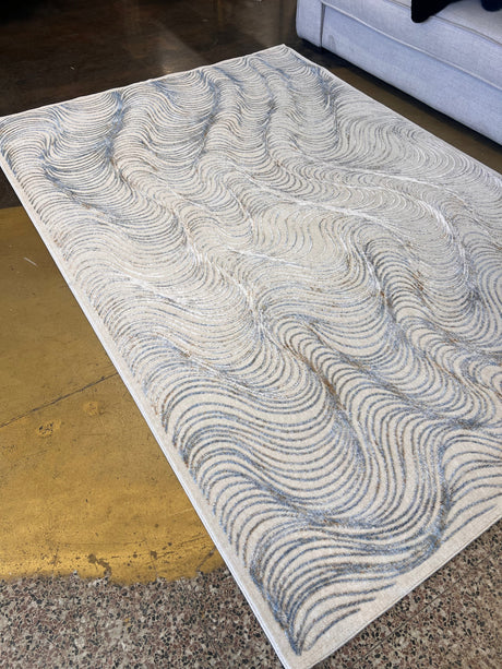 KAI 304 Polyester Fabric - Cream Rug With Blue, Gold-Brown & Silver Viscose Swirl Accents, Machine Made (5' 3" X 7' 4" / 7' 9" X 10' 9" / 10' X 13")