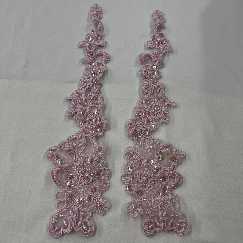 1 Pair 12" x 3" Each Side Beaded & Corded Floral Lace Applique 100% Polyester Organza