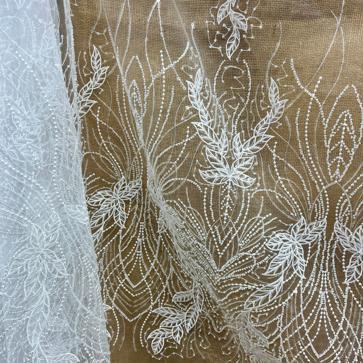Beaded Sequined Lace Fabric Leaf Vine