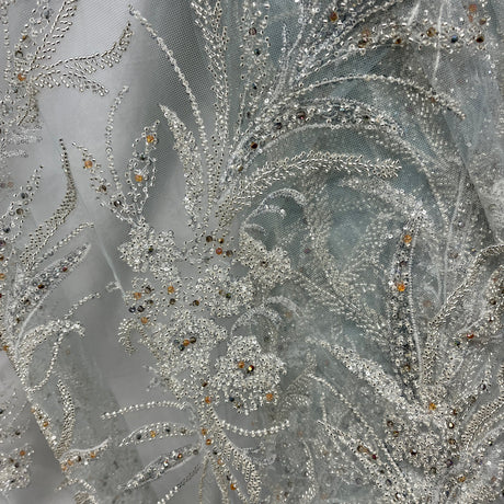 1 Yard Light Blue Beaded Lace Embroidered Fabric, Polyester Net Mesh, 50” Wide