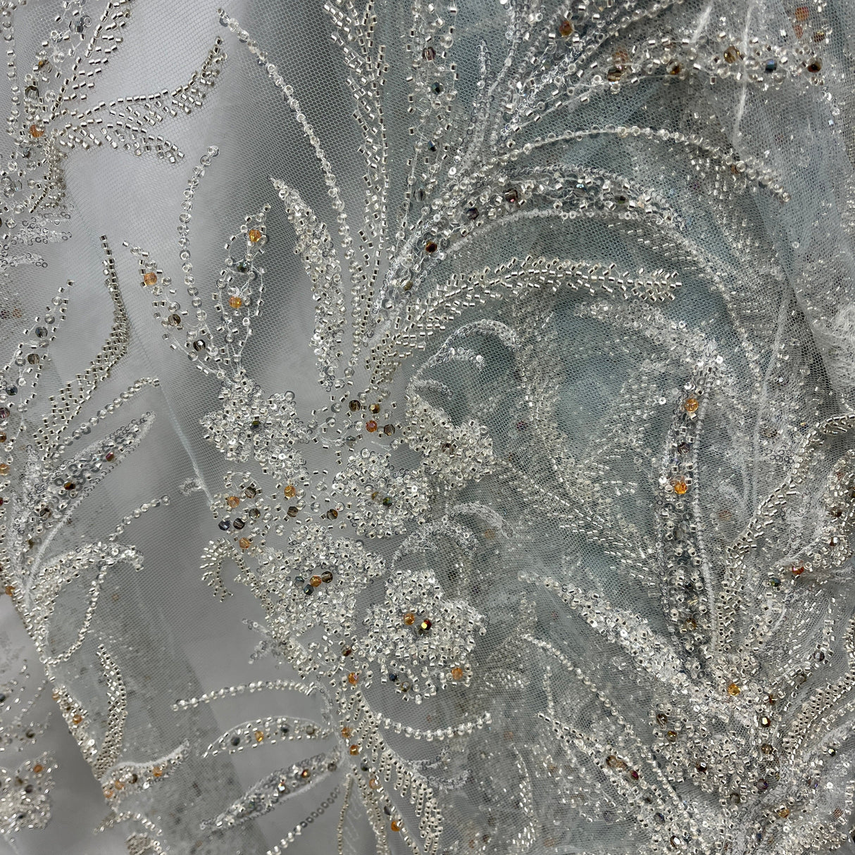 Beaded Lace Fabric on Polyester Net Mesh