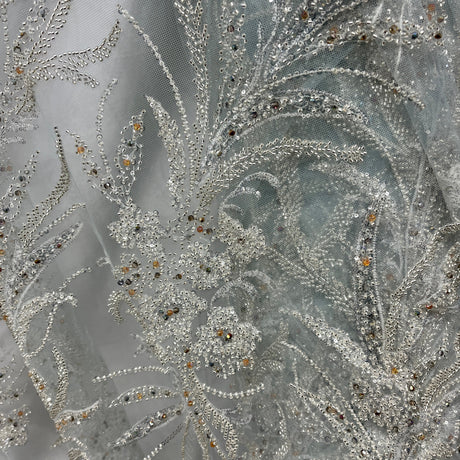 Beaded Lace Fabric Embroidered On 100 Percent Polyester Net Mesh - Lt. Blue, Ice Blue, Champagne, Nude, 50" Width (1 Yard)