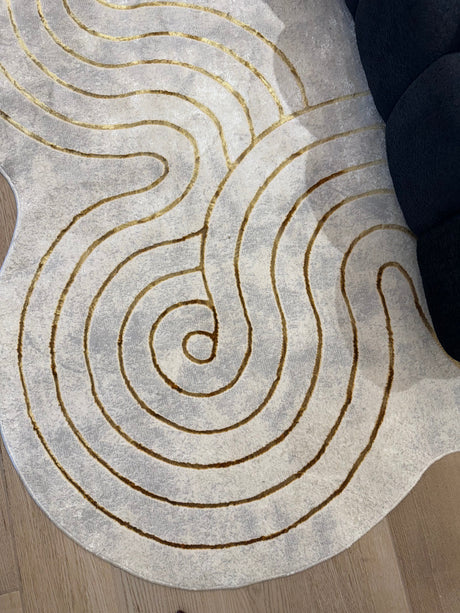 Z325B Polyester Fabric - Cream Rug With Metallic Gold Accents, Designer Geometric Edge Style, 5' 3" X 7' 6", 7' 9" X 10' 5", 10' X 13' (1 Piece)