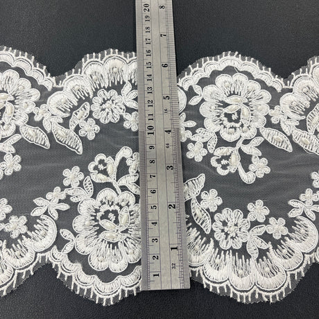 Beaded Corded Floral Lace Trim White