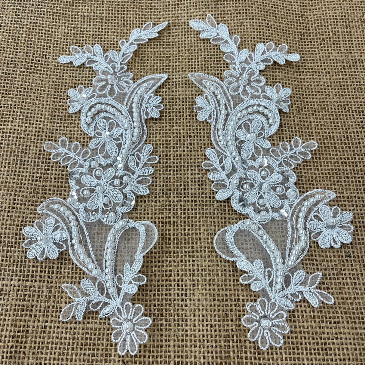 Beaded Corded Floral Lace Applique Pair
