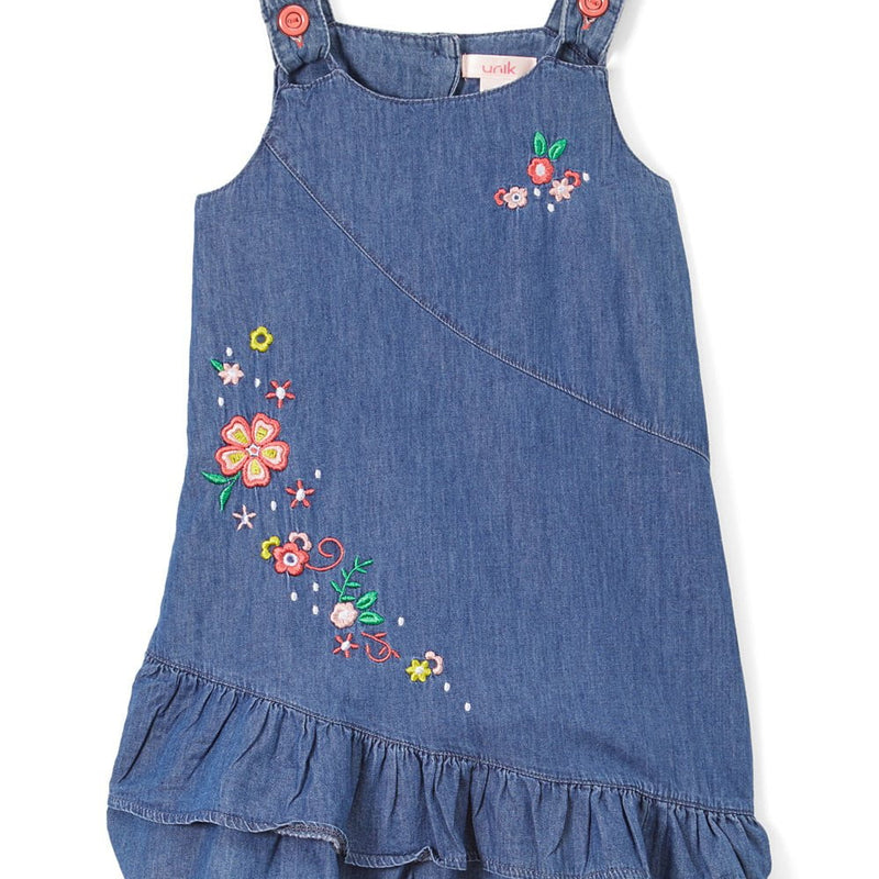 Side Flower Girl Denim Dress - Chambray, Dainty Flowers, Ruffled Hem (1 Piece)