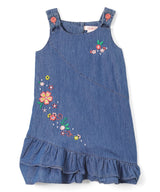 Side Flower Girl Denim Dress - Chambray, Dainty Flowers, Ruffled Hem (1 Piece)