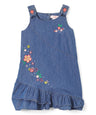 Side Flower Girl Denim Dress - Chambray, Dainty Flowers, Ruffled Hem (1 Piece)