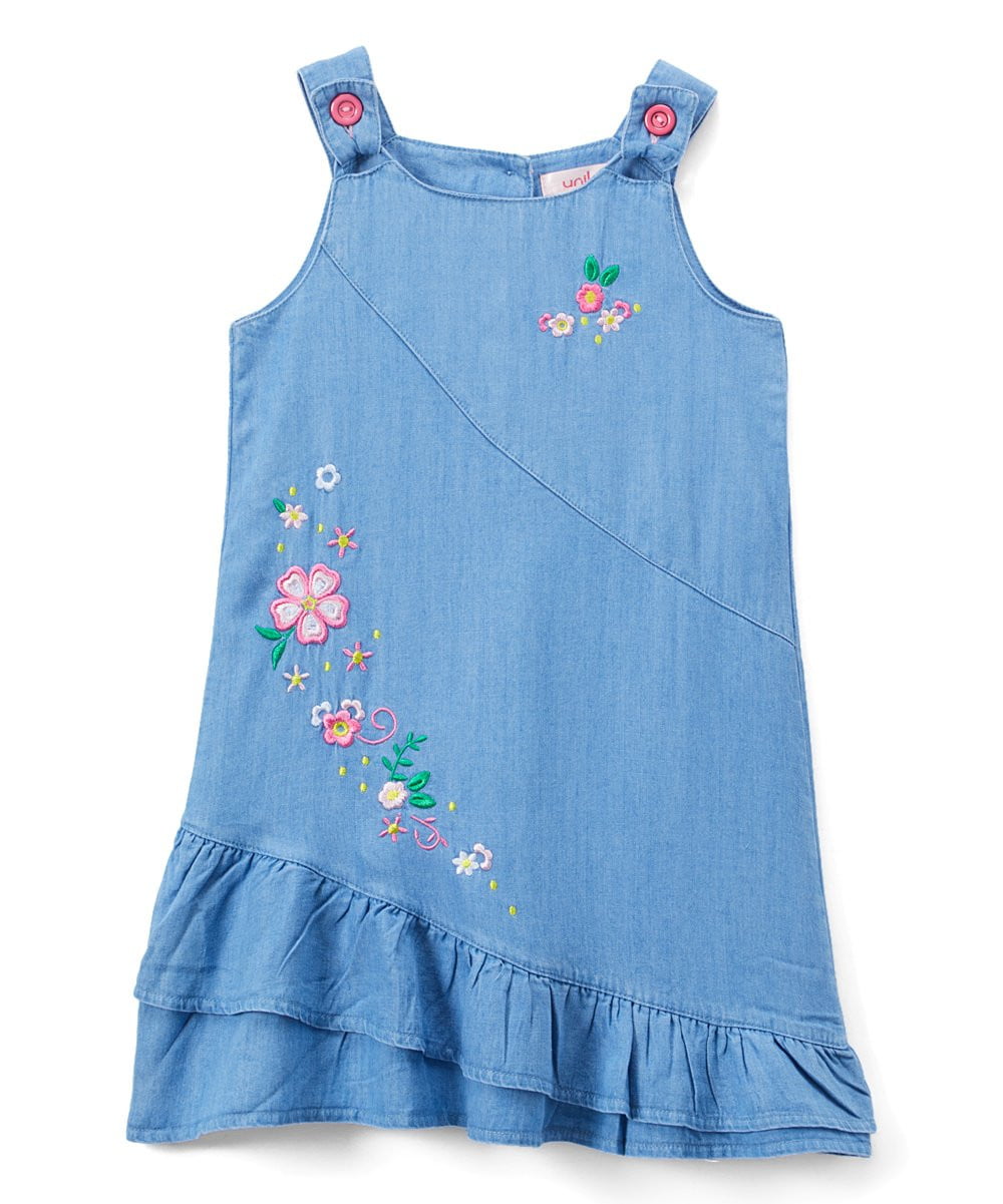 Side Flower Girl Denim Dress - Chambray, Dainty Flowers, Ruffled Hem (1 Piece)