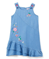 Side Flower Girl Denim Dress - Chambray, Dainty Flowers, Ruffled Hem (1 Piece)