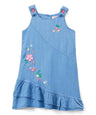 Side Flower Girl Denim Dress - Chambray, Dainty Flowers, Ruffled Hem (1 Piece)