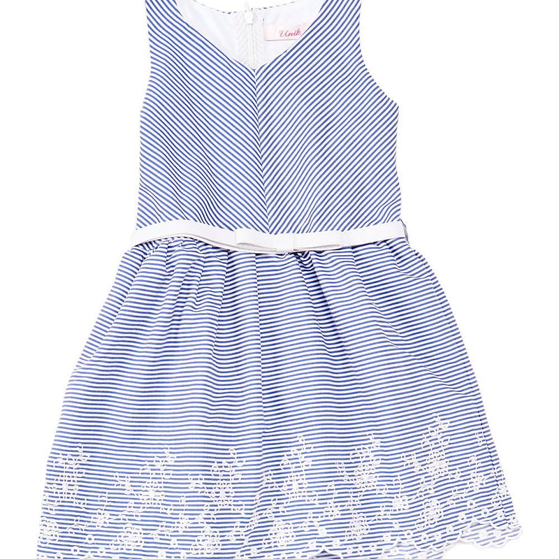 Girl Striped Dress With White Belt - Girls Dresses Fabric, Blue, Red, Pink, Denim, Striped, Sleeveless, White Belt (1 Piece)