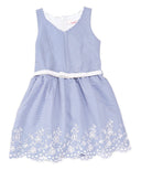 Girl Striped Dress With White Belt - Girls Dresses Fabric, Blue, Red, Pink, Denim, Striped, Sleeveless, White Belt (1 Piece)