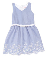 Girl Striped Dress With White Belt - Girls Dresses Fabric, Blue, Red, Pink, Denim, Striped, Sleeveless, White Belt (1 Piece)