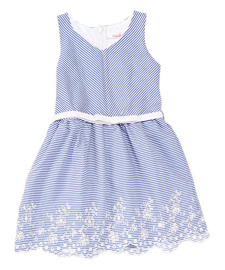 Girl Striped Dress With White Belt - Girls Dresses Fabric, Blue, Red, Pink, Denim, Striped, Sleeveless, White Belt (1 Piece)