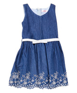 Girl Striped Dress With White Belt - Girls Dresses Fabric, Blue, Red, Pink, Denim, Striped, Sleeveless, White Belt (1 Piece)