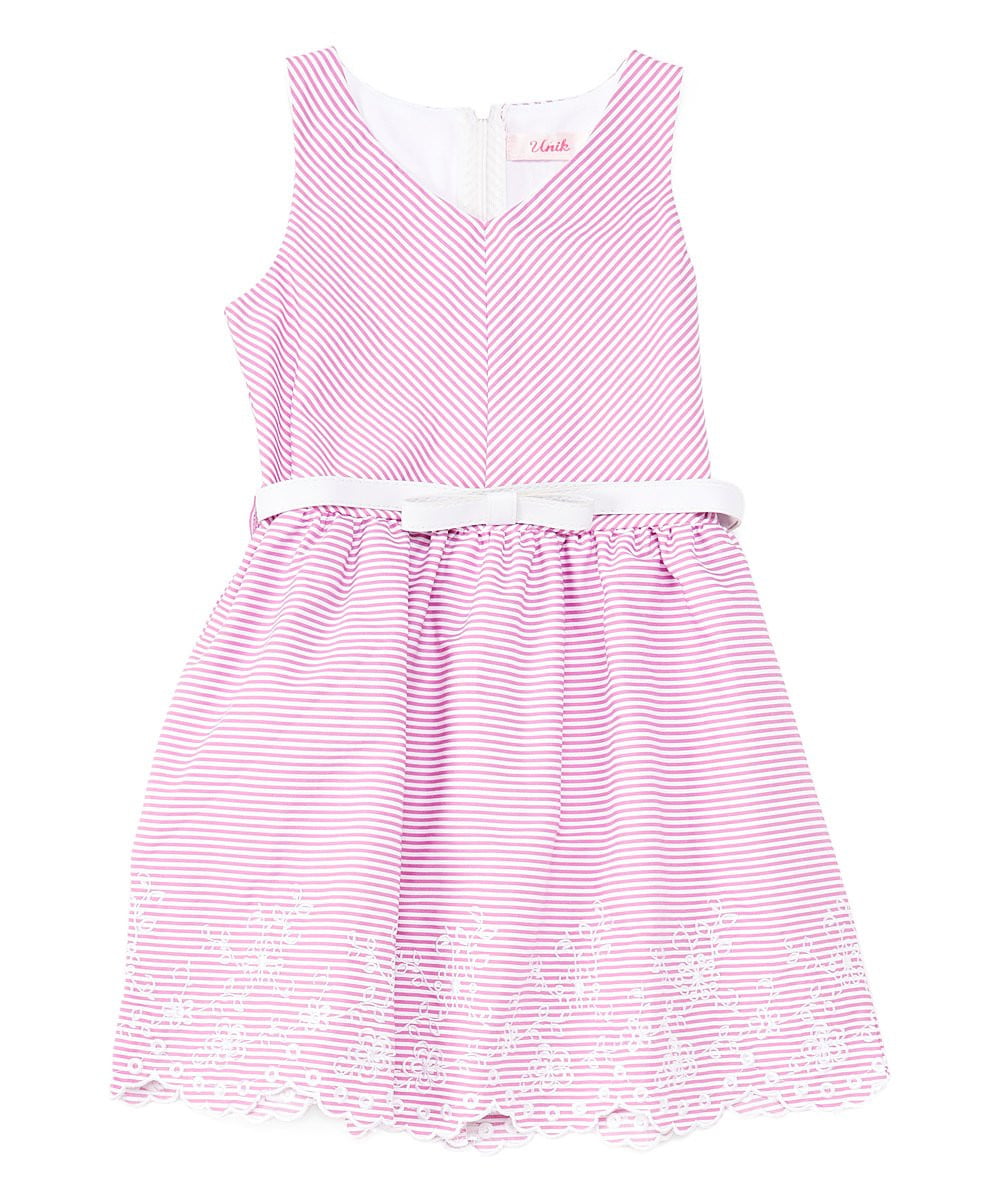 Girl Striped Dress With White Belt - Girls Dresses Fabric, Blue, Red, Pink, Denim, Striped, Sleeveless, White Belt (1 Piece)