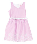 Girl Striped Dress With White Belt - Girls Dresses Fabric, Blue, Red, Pink, Denim, Striped, Sleeveless, White Belt (1 Piece)