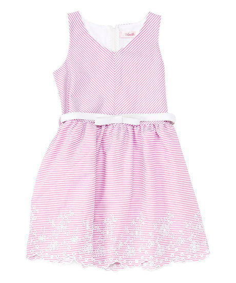 Girl Striped Dress With White Belt - Girls Dresses Fabric, Blue, Red, Pink, Denim, Striped, Sleeveless, White Belt (1 Piece)