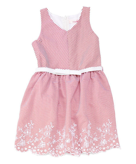 Girl Striped Dress With White Belt - Girls Dresses Fabric, Blue, Red, Pink, Denim, Striped, Sleeveless, White Belt (1 Piece)