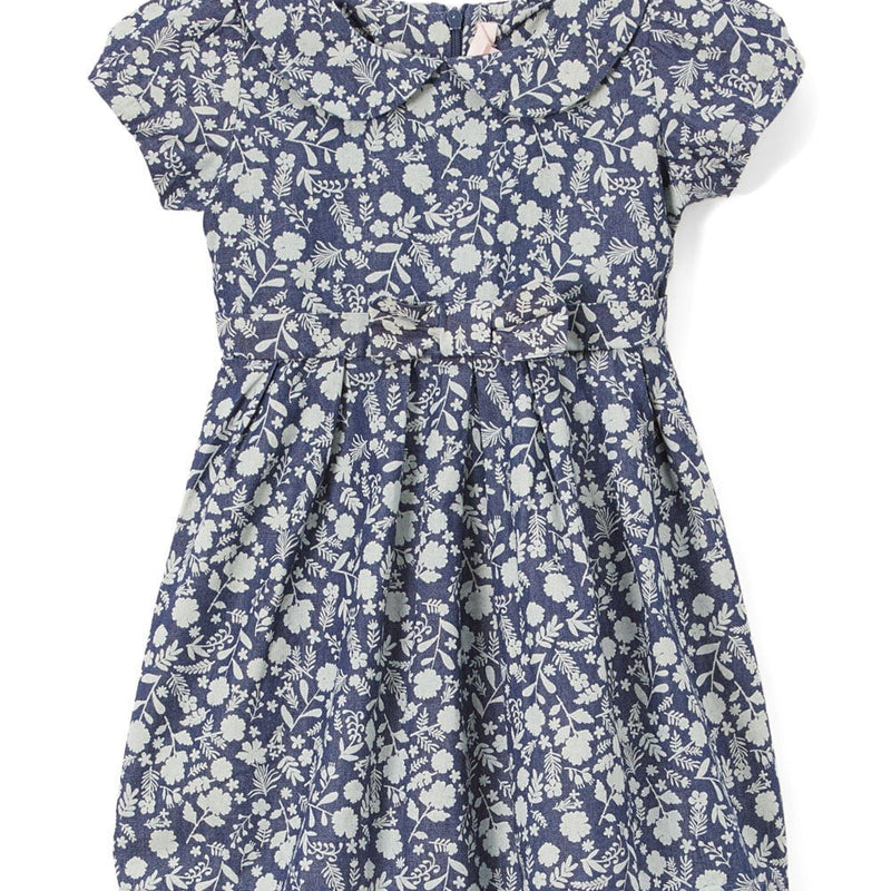 Denim Dress With A Neck Bow Printed Dress - Girls Dress, Printed A-Line Dress, Peter Pan Collar, Fern, Daisy, Magnolia (Sizes 2-8)