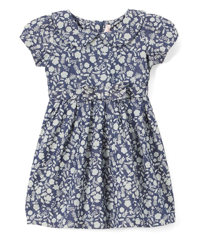 Denim Dress With A Neck Bow Printed Dress - Girls Dress, Printed A-Line Dress, Peter Pan Collar, Fern, Daisy, Magnolia (Sizes 2-8)