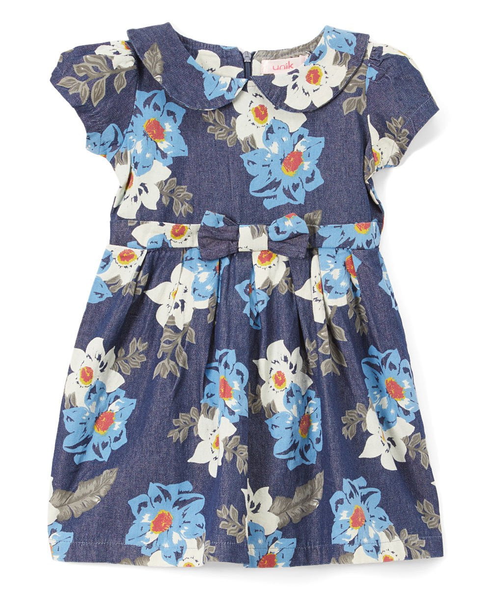 Denim Dress With A Neck Bow Printed Dress - Printed Cotton Dress, Daisy, Fern, Magnolia (2-8)