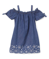 Girl Off-Shoulder Denim Dress Denim Fabric - Light Denim, Dark Denim, Floral Hem, Girls Dress (1 Piece)