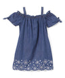 Girl Off-Shoulder Denim Dress Denim Fabric - Light Denim, Dark Denim, Floral Hem, Girls Dress (1 Piece)