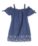 Side Flower Denim Dress - Denim Fabric, Off-Shoulder, Flower Detail, Dark Denim, Light Denim, Sizes 2-8