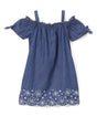 Side Flower Denim Dress - Denim Fabric, Off-Shoulder, Flower Detail, Dark Denim, Light Denim, Sizes 2-8