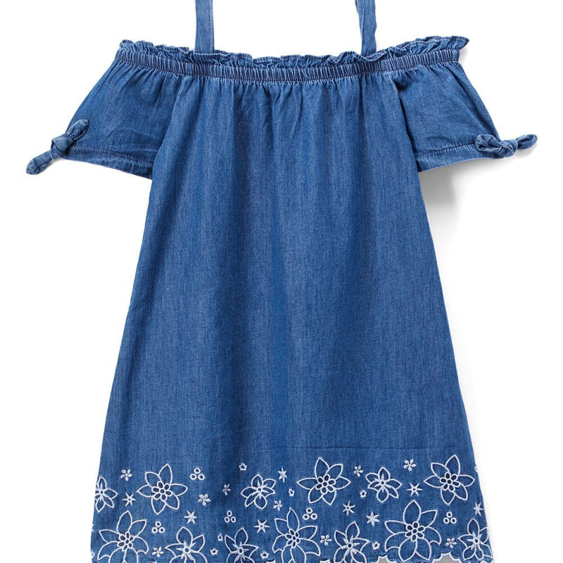 Girl Off-Shoulder Denim Dress Denim Fabric - Light Denim, Dark Denim, Floral Hem, Girls Dress (1 Piece)