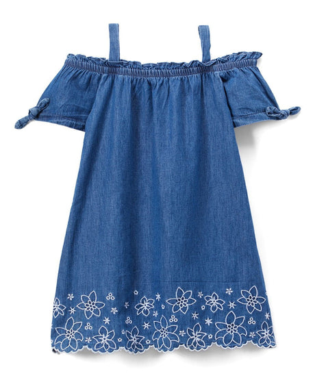 Girl Off-Shoulder Denim Dress Denim Fabric - Light Denim, Dark Denim, Floral Hem, Girls Dress (1 Piece)