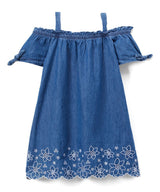 Side Flower Denim Dress - Denim Fabric, Off-Shoulder, Flower Detail, Dark Denim, Light Denim, Sizes 2-8