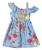 Asymmetrical Off Shoulder Flower Dress - Pink, Blue, Red, Floral Pattern (2-8)