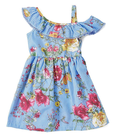 Asymmetrical Off Shoulder Flower Dress - Pink, Blue, Red, Floral Pattern (2-8)