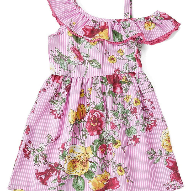 Asymmetrical Off Shoulder Flower Dress - Pink, Blue, Red, Floral Pattern (2-8)