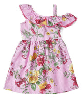 Asymmetrical Off Shoulder Flower Dress - Pink, Blue, Red, Floral Pattern (2-8)