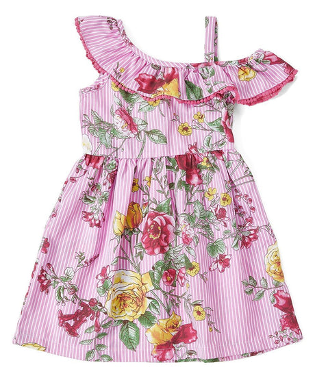 Asymmetrical Off Shoulder Flower Dress - Pink, Blue, Red, Floral Pattern (2-8)
