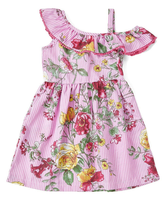 Asymmetrical Off Shoulder Flower Dress - Pink, Blue, Red, Floral Pattern (2-8)