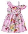 Asymmetrical Off Shoulder Flower Dress - Pink, Blue, Red, Floral Pattern (2-8)