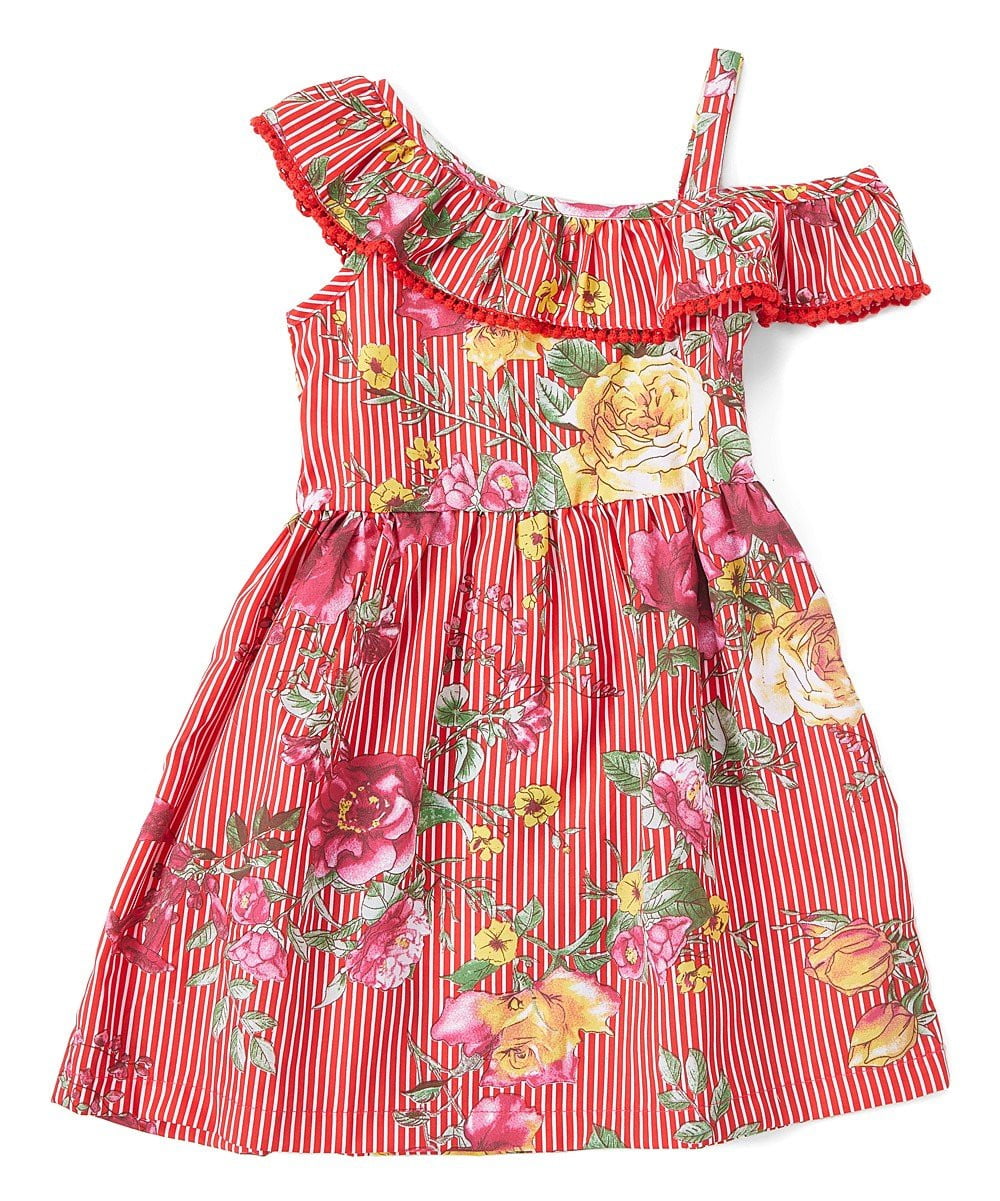 Asymmetrical Off Shoulder Flower Dress - Pink, Blue, Red, Floral Pattern (2-8)
