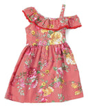 Asymmetrical Off Shoulder Flower Dress - Pink, Blue, Red, Floral Pattern (2-8)