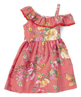 Asymmetrical Off Shoulder Flower Dress - Pink, Blue, Red, Floral Pattern (2-8)