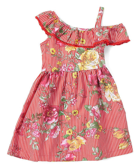 Asymmetrical Off Shoulder Flower Dress - Pink, Blue, Red, Floral Pattern (2-8)