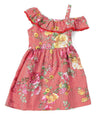 Asymmetrical Off Shoulder Flower Dress - Pink, Blue, Red, Floral Pattern (2-8)