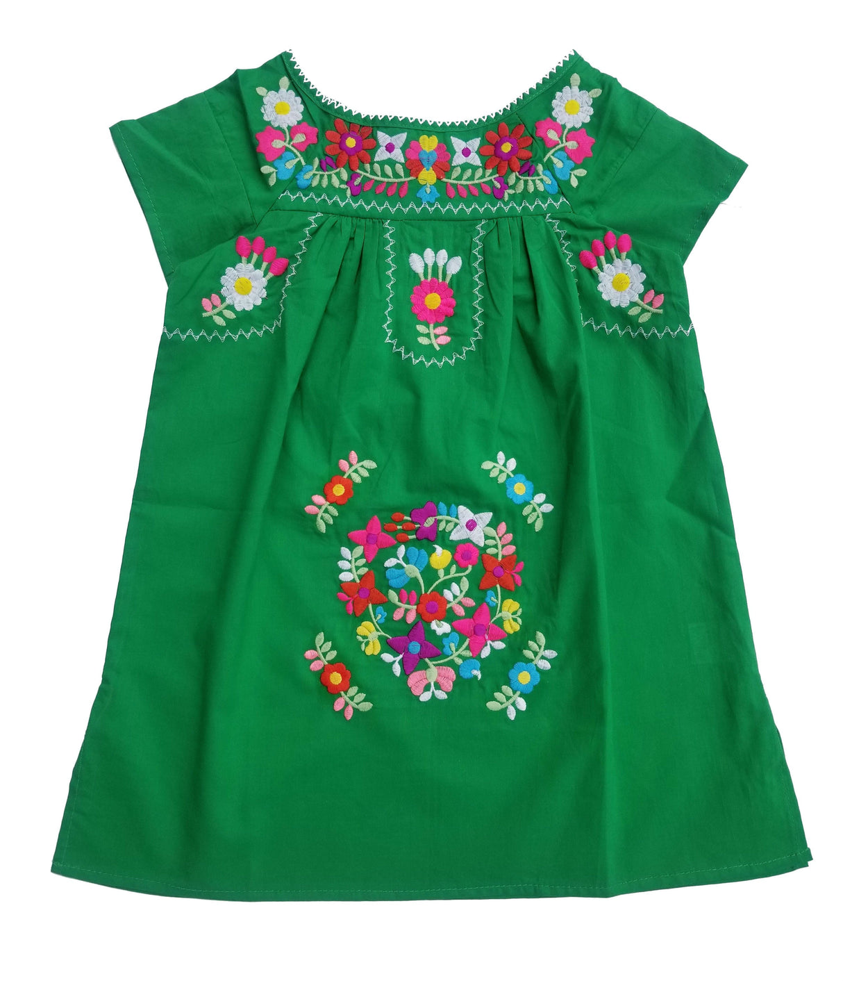 Traditional Mexican Girl Embroidered Dress - 100 Percent Cotton Fabric, Vibrant Embroidery, Knee Length, Multiple Colors, Sizes 2-8