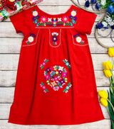 Traditional Mexican Girl Embroidered Dress - 100 Percent Cotton Fabric, Vibrant Embroidery, Knee Length, Multiple Colors, Sizes 2-8