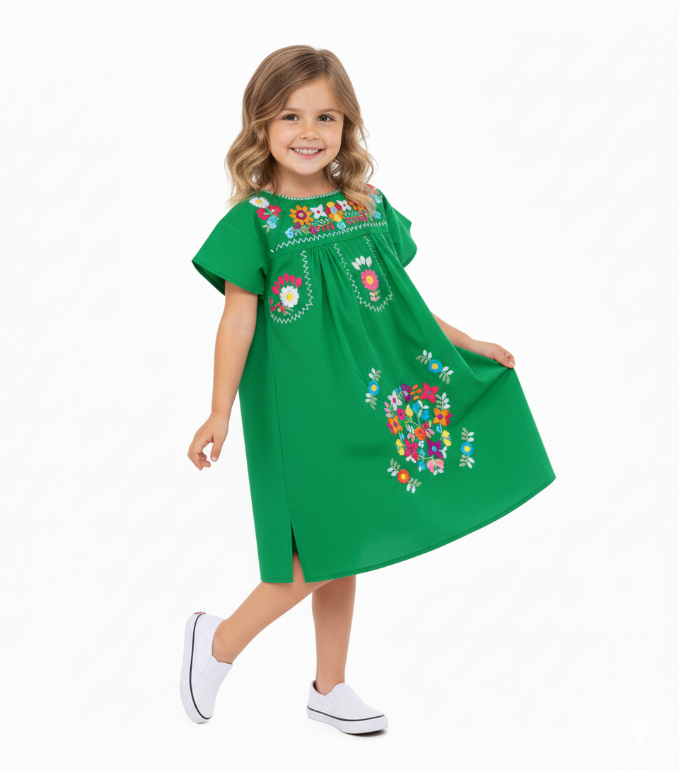Traditional Mexican Girl Embroidered Dress - 100 Percent Cotton Fabric, Vibrant Embroidery, Knee Length, Multiple Colors, Sizes 2-8