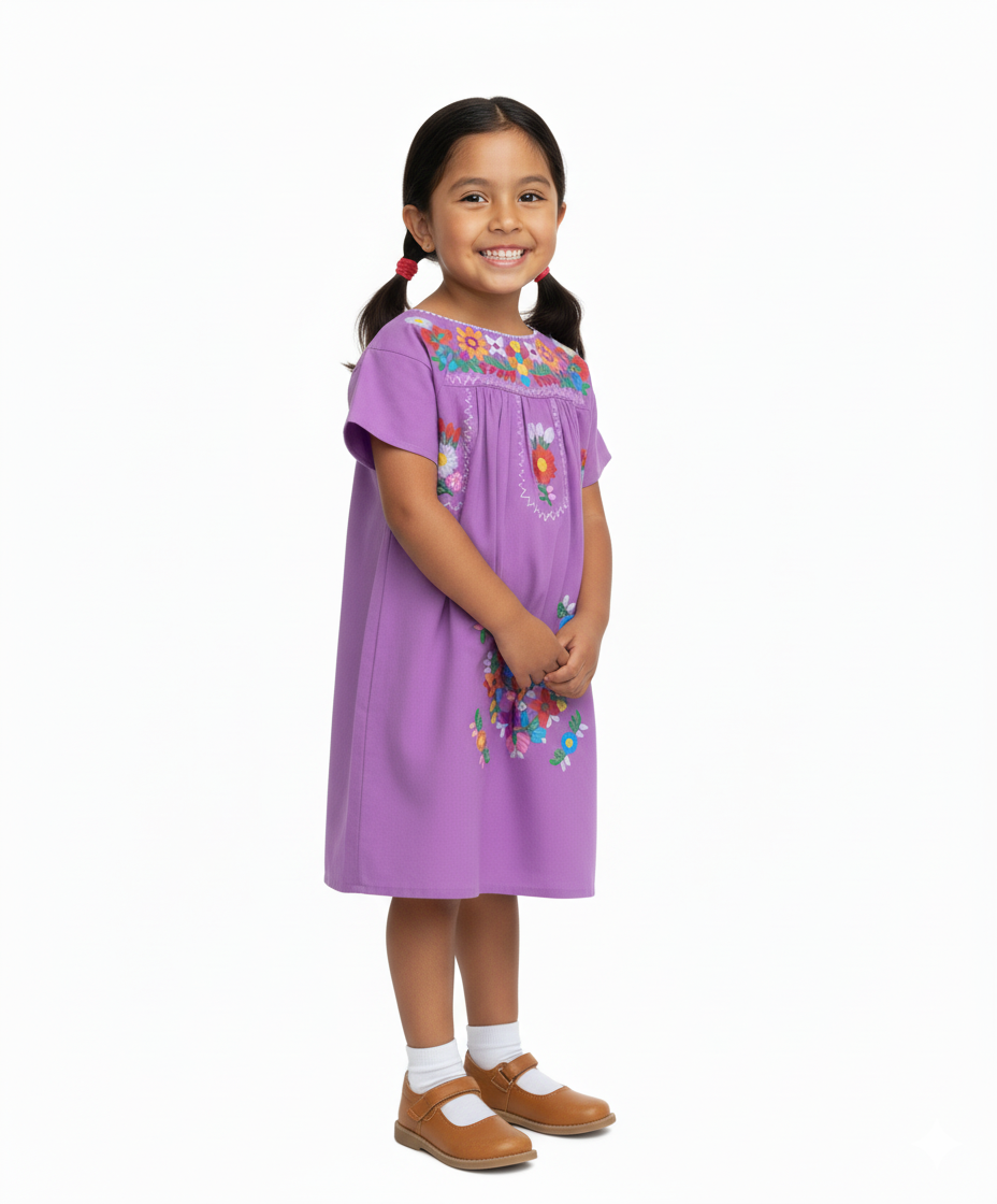 Traditional Mexican Girl Embroidered Dress - 100 Percent Cotton Fabric, Vibrant Embroidery, Knee Length, Multiple Colors, Sizes 2-8